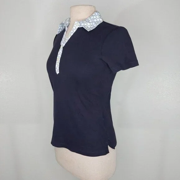 Lands End Womens XS Petite Polo Shirt Short Sleeve Navy Print Collar - Picture 2 of 12